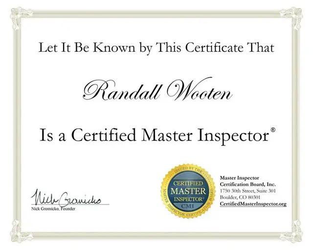 Certificate naming Randall Wooten a Certified Master Inspector