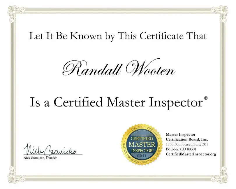 Certificate stating that Randall Wooten is a Certified Master Inspector